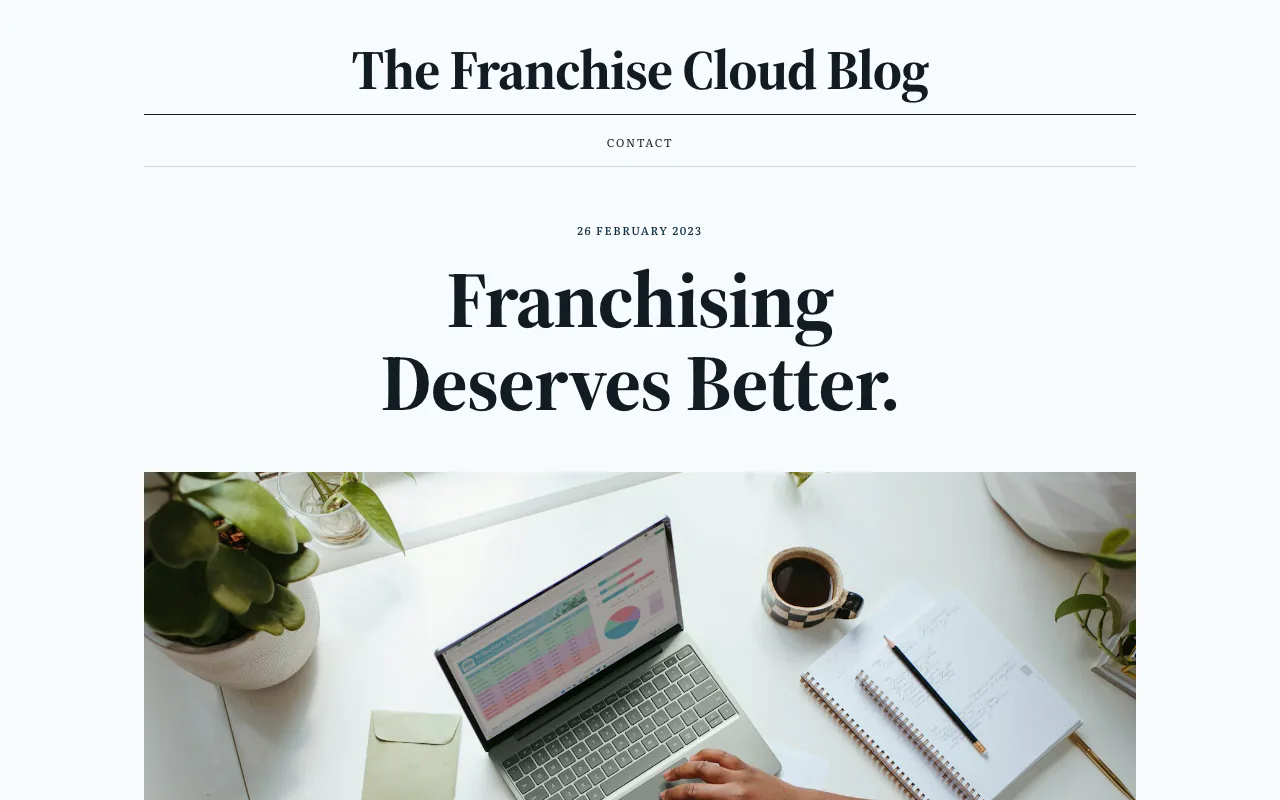 A blog post built by Nocode with the Blog template: a serif masthead, the date, a large headline and a photo.