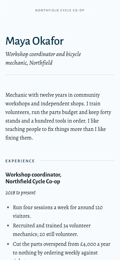 A site built with the CV template, on a phone.